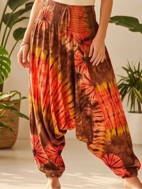 Tie-Dye Harem Joggers in Brown & Orange